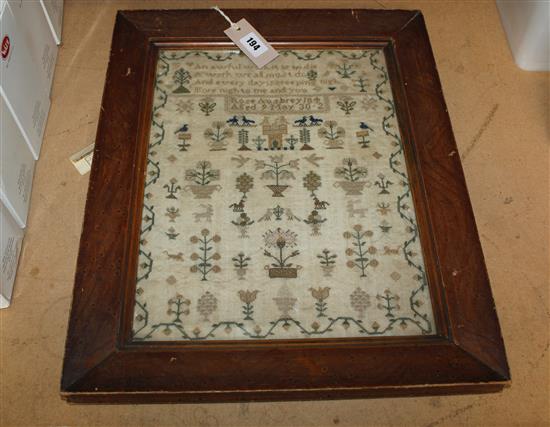 Early Victorian sampler, worked with trees, flowers and figures, Rose Ausbrey/1842/Aged 9/May 30
